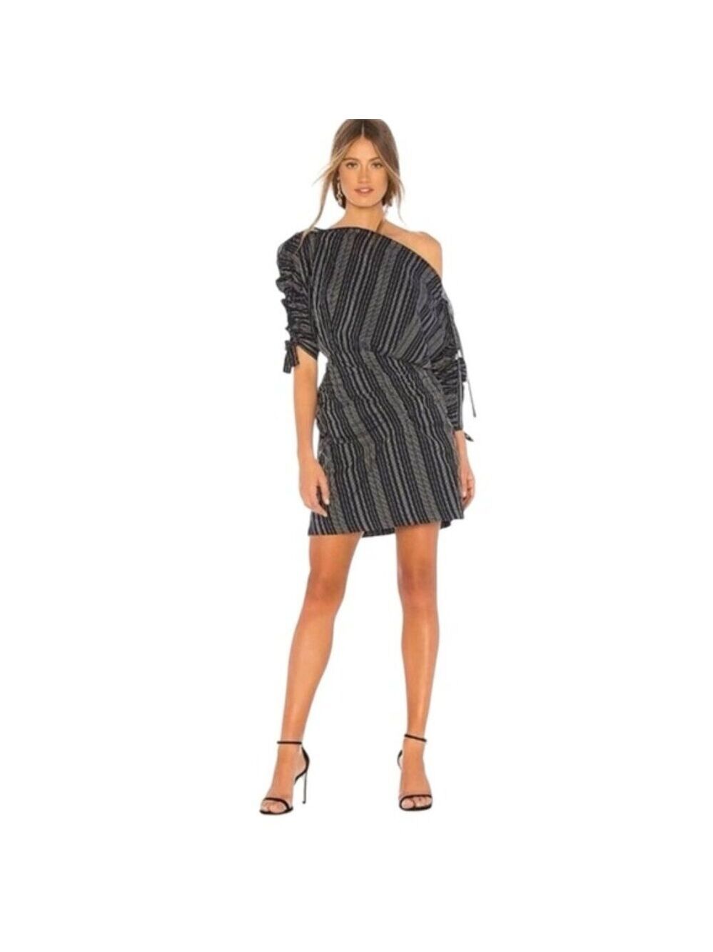 Tanya Taylor Sabra One-Shoulder Striped Ruched Mini Dress Navy Size 6 NWT